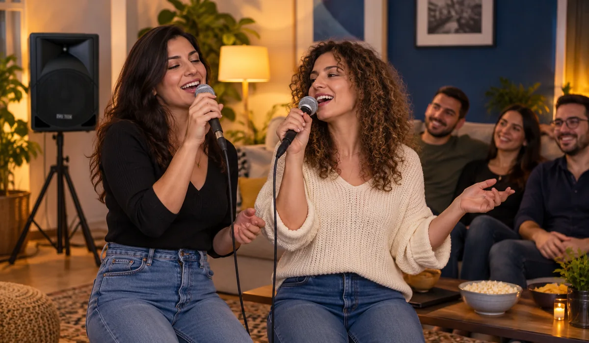 שרים יחד בדואט בערב קריוקי ביתי – המחשה