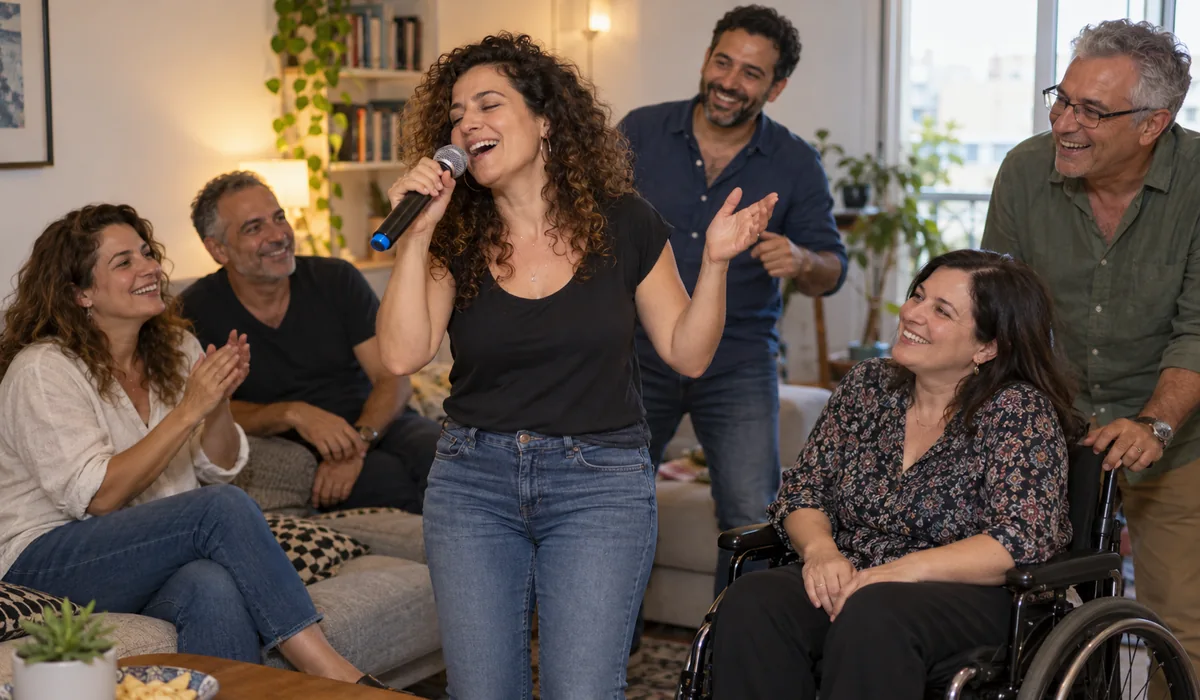 חברים וחברות בערב קריוקי ביתי